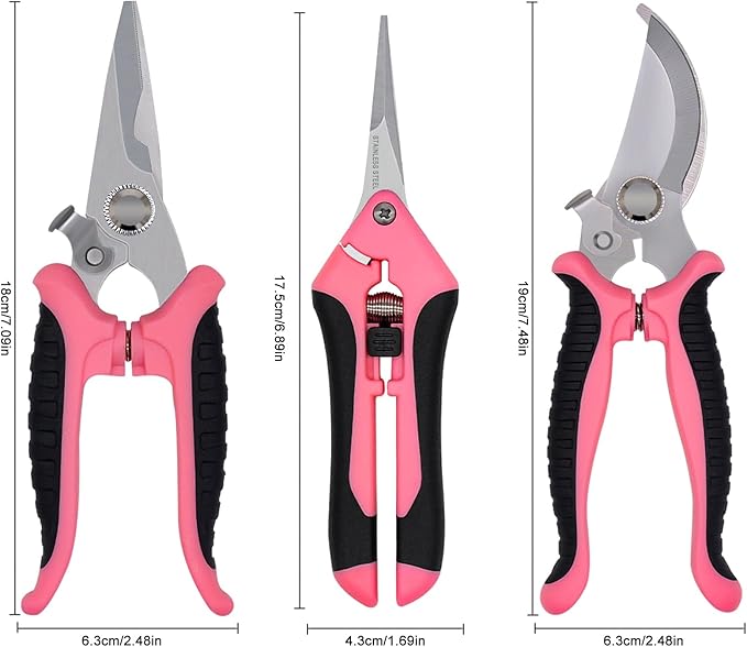 Pruning Shears Gardening Scissors Tools: 3pcs Outdoors&Indoor Garden Clippers, Rose Snips, Plant Clippers, Wood Pruner, Gardener Work Accessories for Flower Arrangement, Yard Landscaping (Pink)