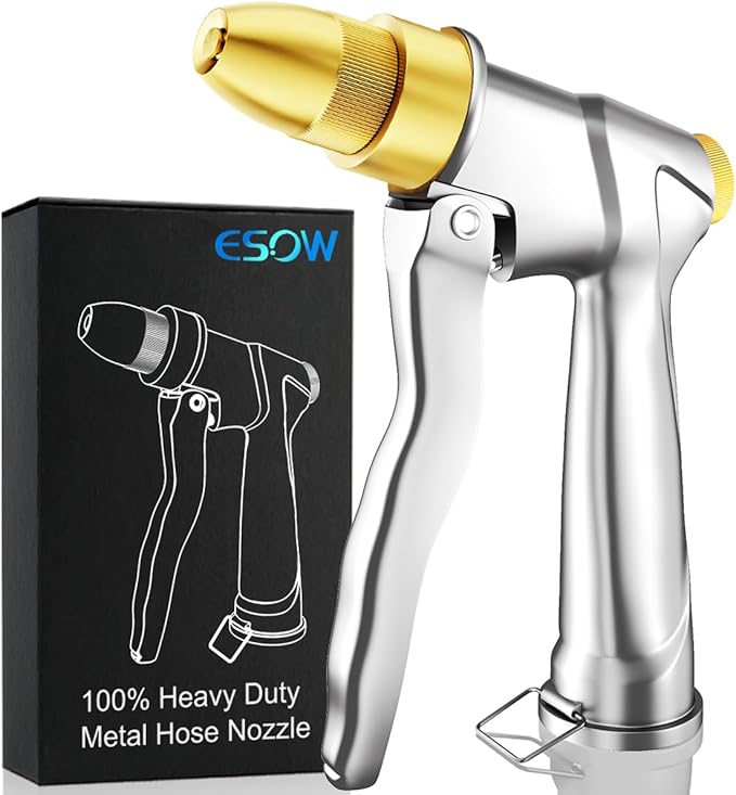 ESOW Heavy Duty Metal Garden Hose Nozzle, High Pressure Water Hose Nozzle with 4 Spray Patterns Rotating, Ideal for Outdoor Lawn & Garden Watering, Car & Pet Washing, Silver