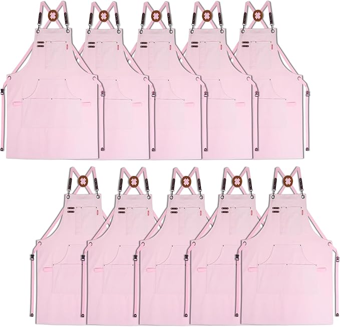 10 Pack Kitchen Aprons, Work Apron, Canvas, Multiple Pockets, Gardening, Painting, BBQ, Artist, Carpenter, Sizes M to XXL, Pink