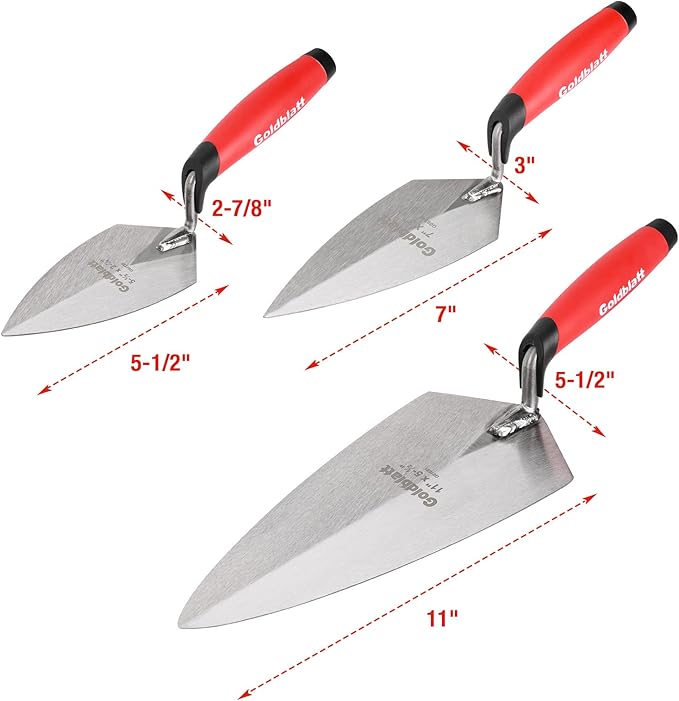 Goldblatt 6PCS Masonry Hand Tool Set - 11" x 5-1/2" Philadelphia Brick Trowel, 2PC Pointing Trowel, 5" x 2" Margin Trowel, 1/2" Tuck Pointing Trowel, 5/8” x 1/2” Convex Brick Jointer