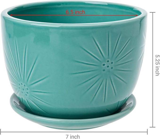 MyGift 7 Inch Round Turquoise Ceramic Plant Pot with Drainage Hole and Attached Saucer, Modern Decorative Embossed Sunburst Planter Container for Indoor Home Garden