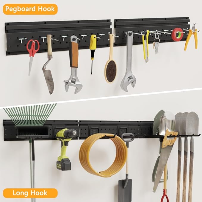 Garage Tool Storage Organizer Wall Mount, Heavy Duty Metal Garden Tool Rack Kit, 48inch Tracks with 16 Hooks for Shovel, Broom, Rake, Home, Max Load 600lb