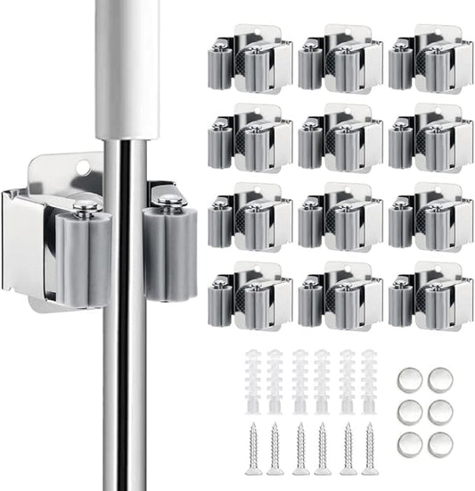 12PCS Broom and Mop Holder, Heavy Duty Garden Tool Organizer Rack Rake and Shovel Handle, Stainless Steel Mop Hanger. Wall Mounted Utility Rack with Screws, Silver