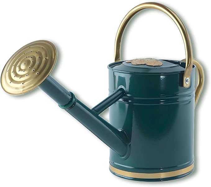 1 Gallon Galvanized Metal Watering Can with Solid Brass Sprout, Handle & Base Trim - Genuine Forged Copper Joints for Indoor/Outdoor Plants, Garden, Balcony for Kids and Adults (Emerald Brass)