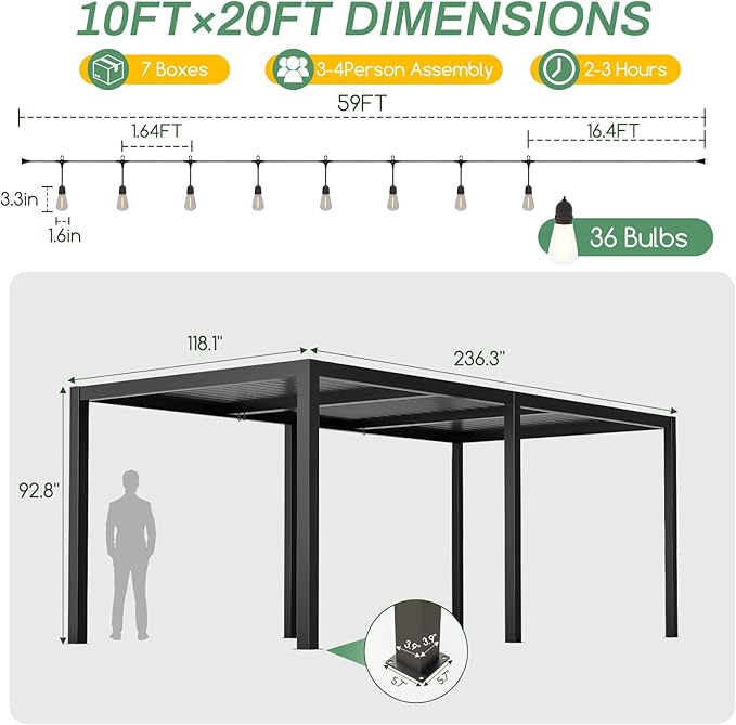 LVUYOYO Outdoor Louvered Pergola 10' x 20' with LED String Lights, Aluminum Pergola with Adjustable Roof, Waterproof Metal Gazebo for Patio, Backyard, Garden, Deck (10x20FT with Lights)
