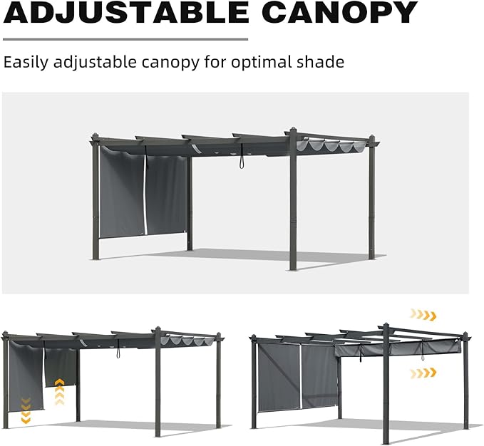 BPS 12x16 FT Outdoor Pergola - Retractable Shade Canopy with Aluminum Frame & Roller Shade Curtains for Patio, Backyard, or Deck, Gray