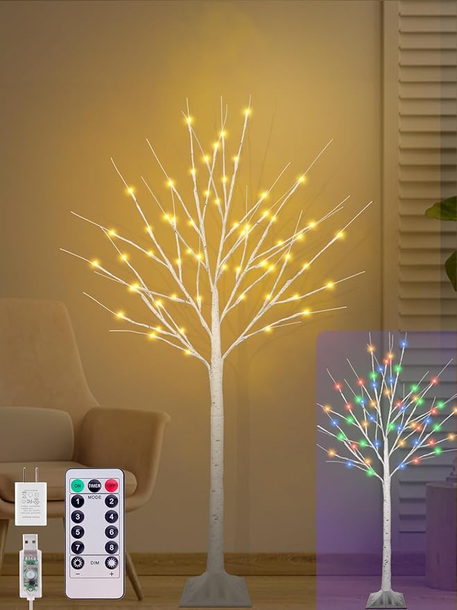 4FT Lighted Birch Tree with 60 LED Warm White and Multicolor Lights, 8 Modes, Timer Remote Faux Prelit Twig Christmas Tree with Lights for Indoor Outdoor Xmas Holiday Party Decoration