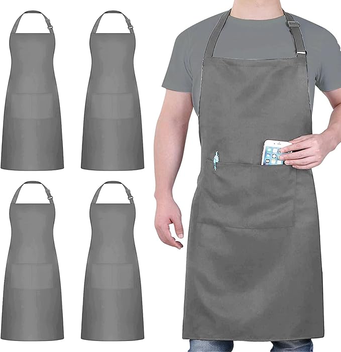 4 Packs Chef Apron, Waterproof Apron, Adjustable Aprons with 2 Pockets for Men Women, Professional Aprons for Kitchen Cooking Gardening Painting Baking Restaurant (Gray)