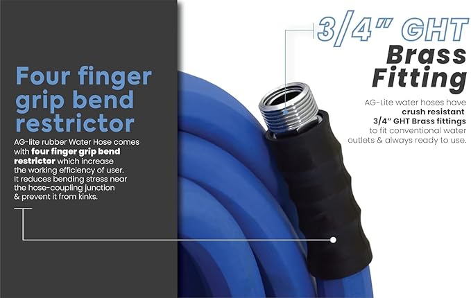 AG-LITE BSAL34100 3/4" x 100' Hot/Cold Water Rubber Garden Hose, 100% Rubber, Ultra-Light, Super Strong, 500 PSI, 50F to 190F Degrees, High Strength Polyester Braided