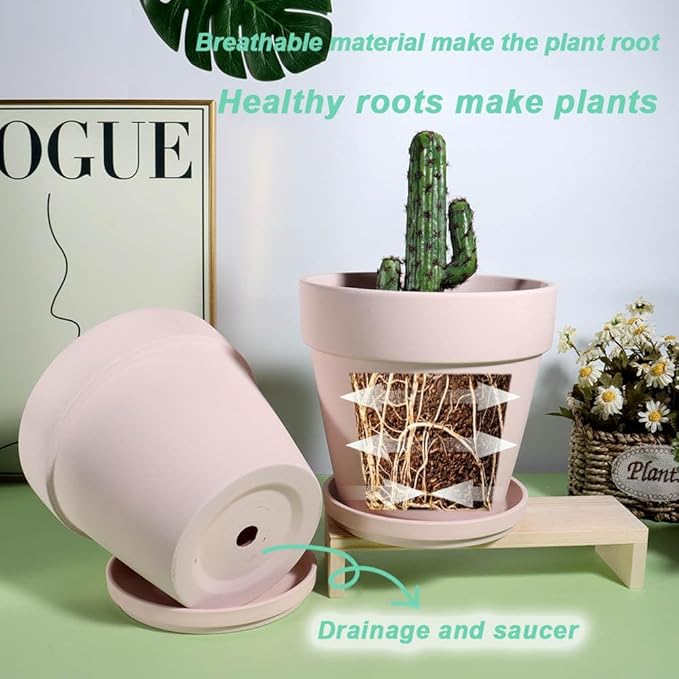 vensovo Pink Terracotta & Clay Pots with Saucer - 6 Pack 5 Inch Terra Cotta Pot Ceramic Pottery Planter Cactus Flowerpots Drainage Hole, Great for Plants, Crafts and Wedding Favor