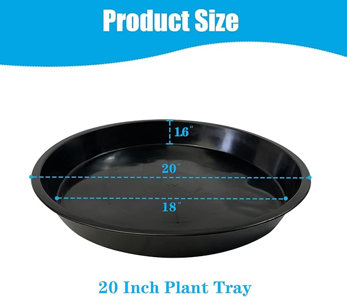 Plant Saucer, 5 Pack - 20 Inch Heavy Duty Plastic Tray for Pots, Drainage Hole, Large Drip Tray for Indoors, Waterproof, Easy to Clean, Reusable, Round, Black
