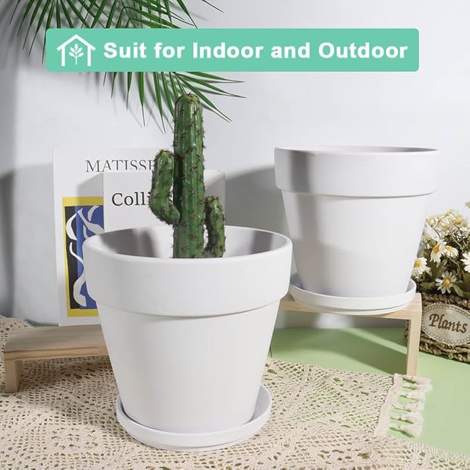 vensovo White Terracotta & Clay Pots with Saucer - 6 Pack 5 Inch Terra Cotta Pot Ceramic Pottery Planter Cactus Flowerpots Drainage Hole, Great for Plants, Crafts and Wedding Favor