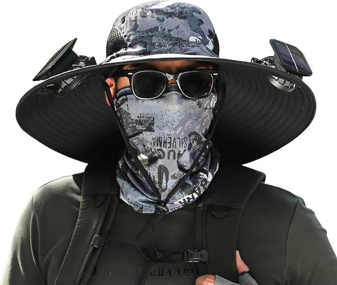 Men's Solar & USB Charging Wide Brim UPF50+ Sun Hat with Dual Fans for Outdoor Activities (Black, Medium)