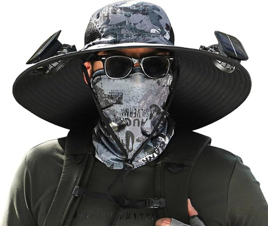 Men's Solar & USB Charging Wide Brim UPF50+ Sun Hat with Dual Fans for Outdoor Activities (Black, Medium)