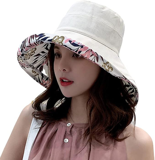Women Wide Brim Sun Hats Metal Wired Edge Summer UV Protection Beach Fishing Hat for Hiking Garden Travel Chin Strap