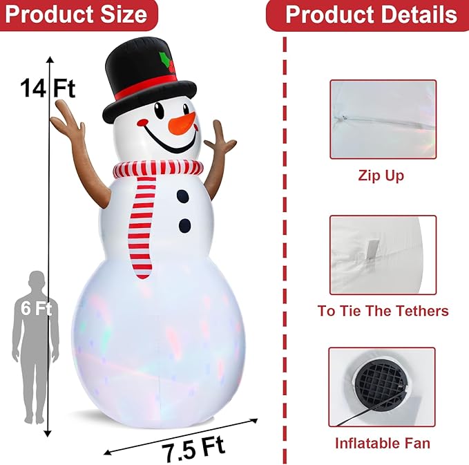 14 Ft Huge Christmas Inflatable Snowman with Rotating Colorful Lights Hat & Scarf Christmas Decorations Outdoor with Build-in LED Lights Xmas Blow Up Yard Decor for Lawn Garden Holiday