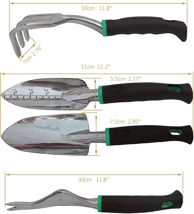 Gardening Tool Set Including Hand Trowel, Transplant Trowel, Cultivator Hand Rake, Pruning Shears and Weeder, Non-Slip Rubber Grip (4 pcs Green)