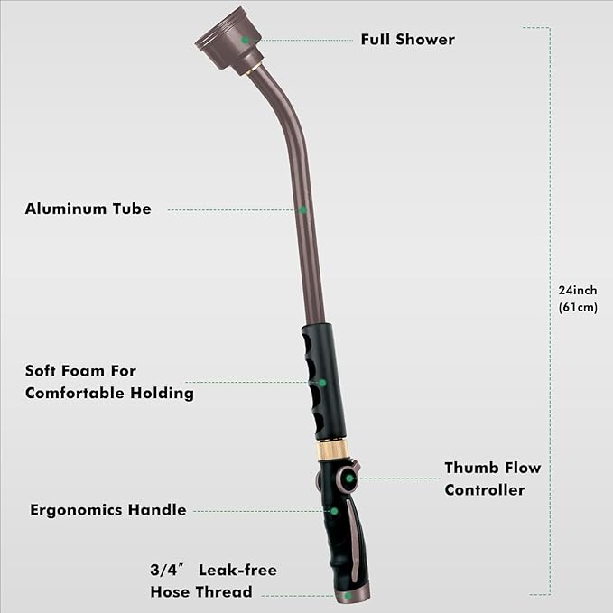 RESTMO Long Watering Wand, 24 Inches Gentle Soft Full Shower Sprayer Wand with Thumb Flow Control, Heavy Duty Metal Hose Wand for Hanging Baskets, Shrubs, Plants, Flowers, Garden and Lawn, Bronze