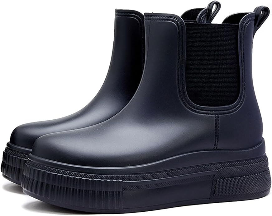 Women's PVC Chunky Platform Ankle Rain Boots Waterproof Slip On Anti-slip Chelsea Boots Comfort Wide-leg Elastic Band Outdoor Rubber Garden Work Rain Boots For Yard Farm