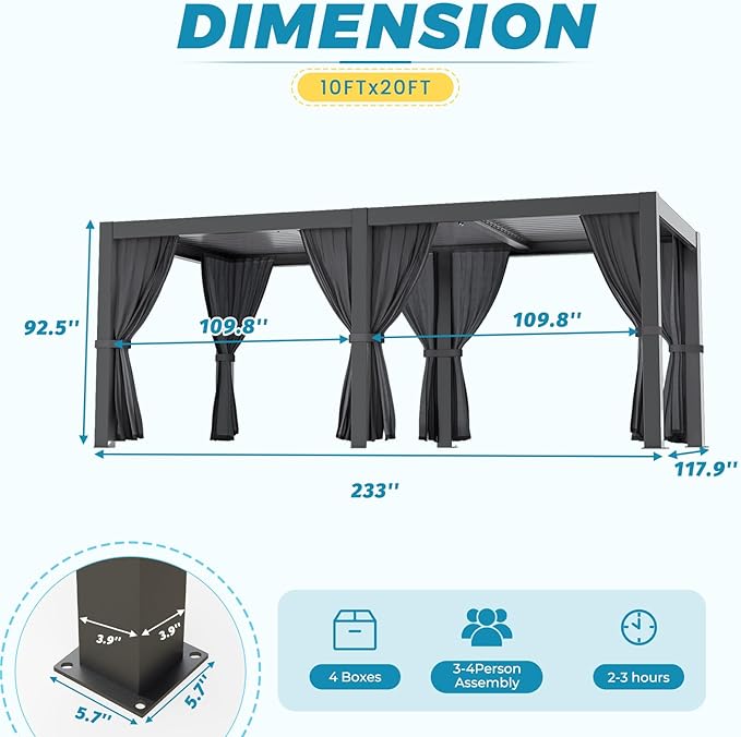 LVUYOYO Outdoor Louvered Pergola 10' x 20', Aluminum Pergola with Adjustable Roof, Waterproof Metal Gazebo with Curtains and Netting for Patio, Backyard, Garden, Deck (Black)