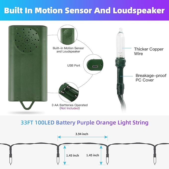 Halloween Lights 33ft 100 LED Battery String Lights with Motion Sensor Spooky Music or Battery Powered Orange & Purple 2 Colors in 1 Halloween Indoor Outdoor Decor