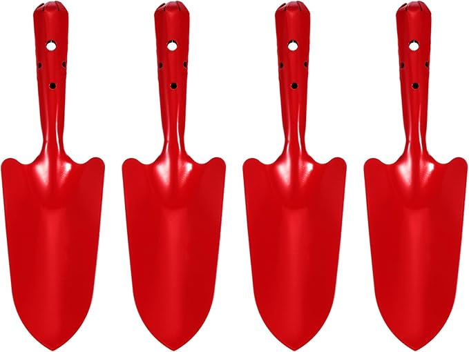 HARFINGTON 4pcs Mini Colorful Metal Hand Shovel 11" x 3" Digging Trowel Set Transplanting Garden Tools for Flower Soil Digging Planting Weeding Transplanting Garden, Red