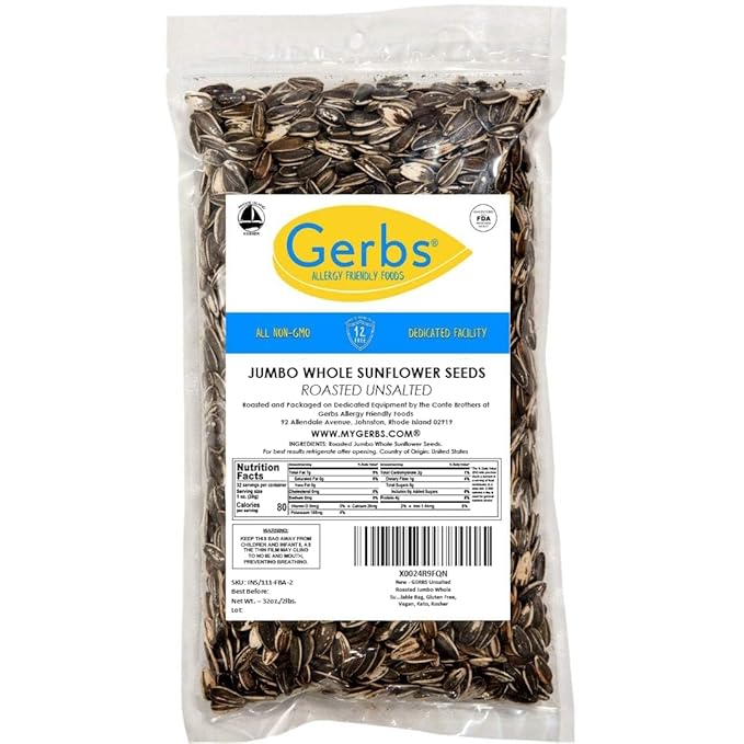 Jumbo Unsalted Sunflower Seeds In Shell by Gerbs – 2 LBS - Top 14 Food Allergen Free & NON GMO - Premium Dry Roasted Whole Sunflower Seed