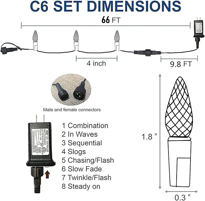 Dazzle Bright C6 Christmas String Lights, 200 LED 66 FT Waterproof Connectable String Lights with Timer, 8 Modes Christmas Lights for Indoor Outdoor Garden Yard Xmas Tree Decoration (Multi-Colored)