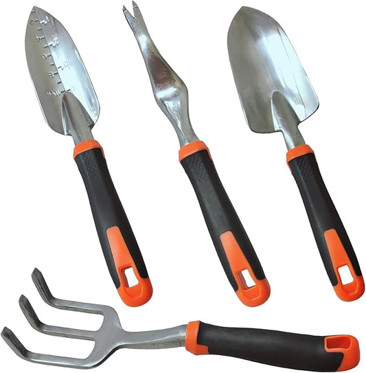 Gardening Tool Set Including Hand Trowel, Transplant Trowel, Cultivator Hand Rake, Pruning Shears and Weeder, Non-Slip Rubber Grip (4 pcs Orange)