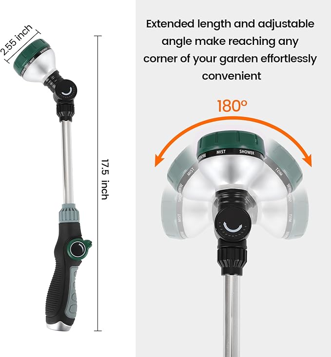 Watering Wand for Garden Hose, 17.5 Inch, 8 Spray Patterns, Garden Hose Nozzle with Thumb Flow Control, Adjustable Water Sprayer with Pivoting Head, Ideal for Hanging Baskets and Shrubs