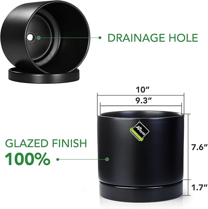 Aveyas 10 inch Ceramic Plant Pot with Drainage Hole and Saucer - Suitable for Indoor and Outdoor Use, Modern Planters for House Garden Flower Tree Snake Monstera Plants (10", Matte Black)