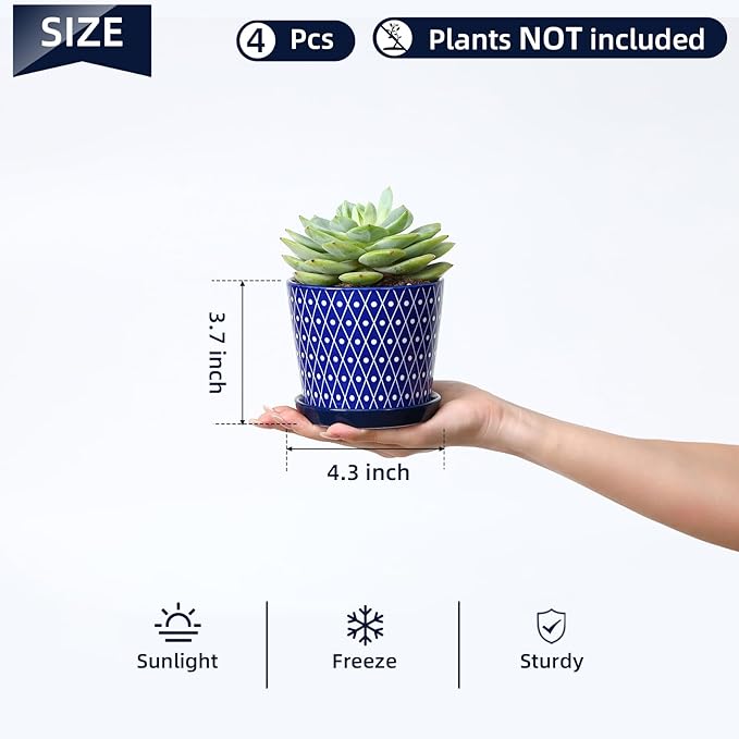 Selamica Ceramic Succulent Pots, 4.3 Inch Small Plant Pots with Drainage Holes and Saucers, Small Flower Pots for Succulent, Cactus, Home Decor, Set of 4, Vintage Blue