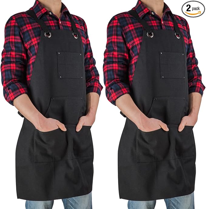 16 Oz Canvas Apron for Men - Black Heavy Duty Work Apron for Carpenters,Woodworkers,Blacksmith,BBQ,Workshop(2 Pack)