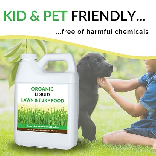 Organic Liquid Lawn & Turf Food - Quickly Rejuvenates Lawn Health and Restores Rich Green Colors to Depleted Grass | Infused with Soil Enriching Microbes (32oz, Treats Up to 5,000 Sq. Feet)
