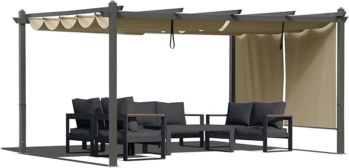 BPS 12x16 FT Outdoor Pergola - Retractable Shade Canopy with Aluminum Frame & Roller Shade Curtains for Patio, Backyard, or Deck, Khaki