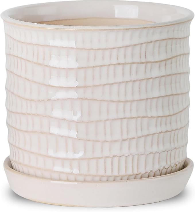 5.8 Inch Plant Pot: Ceramic Planter with Drainage Hole & Saucer for Indoor Outdoor Plants - Flowerpot with Bonded Tray for Home Office - Wave Embossed