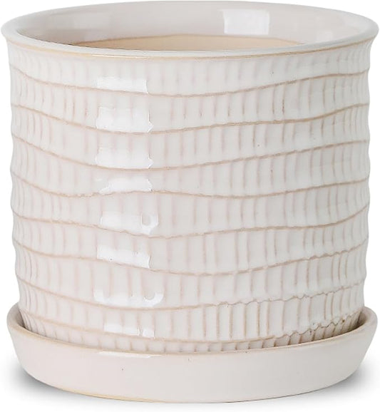 5.8 Inch Plant Pot: Ceramic Planter with Drainage Hole & Saucer for Indoor Outdoor Plants - Flowerpot with Bonded Tray for Home Office - Wave Embossed