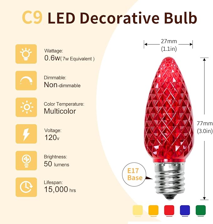 50 Pack C9 Led Replacement Christmas Light Bulb, Multicolor C9 Shatterproof Led Bulbs for Indoor Outdoor Decorative String Light, E17 Base