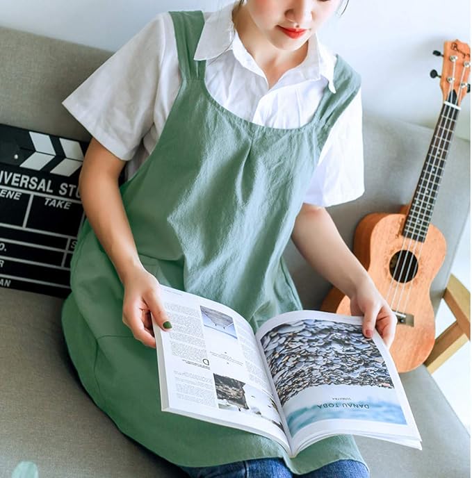 NEWGEM Japanese Linen Cross Back Cooking Aprons for Women Men with Pockets Cute for Baking Kitchen