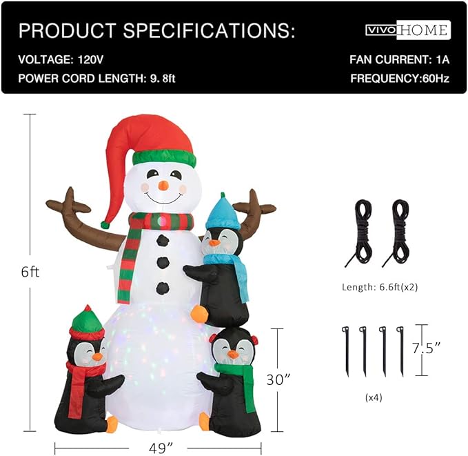 VIVOHOME 6FT Christmas Inflatable Outdoor Decoration, Snowman with Penguin, Navidad Blow Up Yard Decor with Built-in LED Light for Lawn, Garden, Party