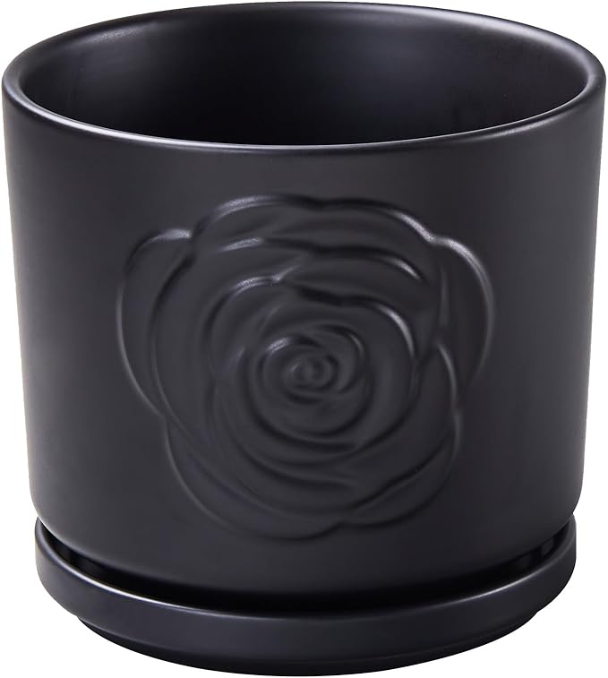 Ekirlin 7 inch Flower Plant Pot Indoor - Ceramic Garden Planters, Modern Rose Pattern Plant Pots with Drain Hole Saucer, Weatherproof Decorative Pot for Home, Office & Outdoor (Black)