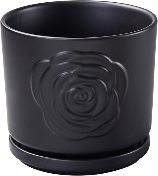 Ekirlin 7 inch Flower Plant Pot Indoor - Ceramic Garden Planters, Modern Rose Pattern Plant Pots with Drain Hole Saucer, Weatherproof Decorative Pot for Home, Office & Outdoor (Black)