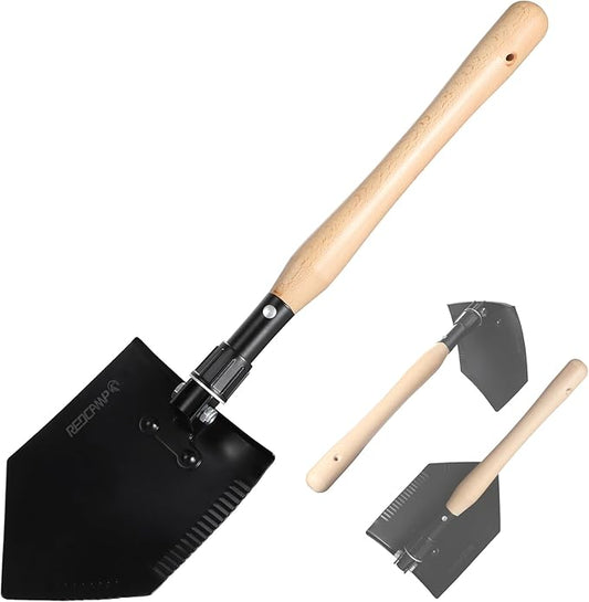 REDCAMP 23" Forces Spetsnaz Shovel, Tactical Entrenching Tool Hardwood Handle Shovel, Military Folding Camping Shovel for Camping Hiking Gardening Beach, Black