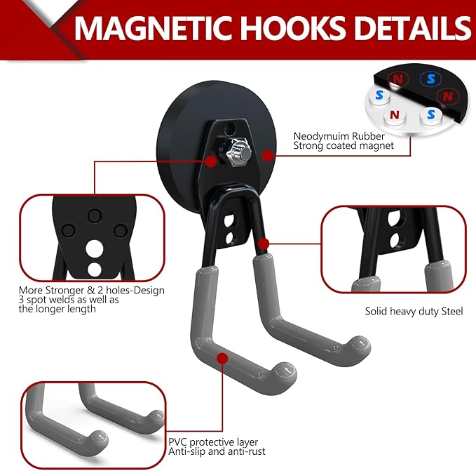 3-H Heavy Duty Magnet Garage Hooks 2 Pack, Large Strong Magnetic Hooks for Hanging Cordless Power Drill, Utility Magnetic Tool Holder for Metal Cabinet, Steel Pegboard, Toolbox, Garage(Grey)