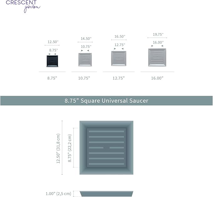 Crescent Garden Universal Square Plant Saucer, Gray Durable Drip Tray for Square Planter, Heavy-Duty Plastic Drainage Dish, Premium Indoor/Outdoor Flowerpot Saucer - 9'' Inner x 12.5" Outer (Ash)