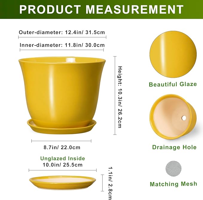 12 Inch Plant Pot - Ceramic Plant Pots with Drainage Hole and Saucer, Large Round Planter for Indoor Outdoor, Modern Flower Pot, Decorative Planters, Home Garden Decor, Garden Gifts, Yellow