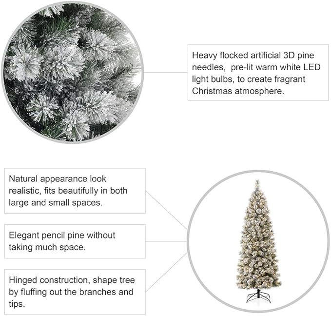 Glitzhome 7.5ft Pre-Lit Flocked Pencil Pine Artificial Christmas Tree with 350 Warm White Lights and Foldable Metal Stand for Home, Office, Party Decoration, Easy Assembly