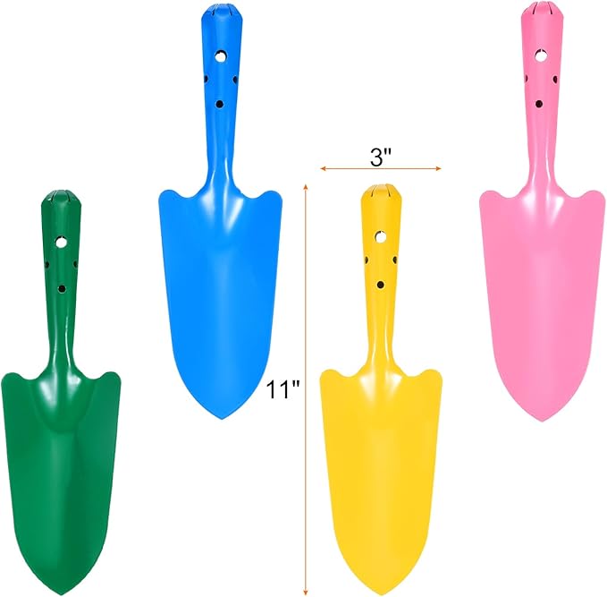 HARFINGTON 4pcs Mini Colorful Metal Hand Shovel 11" x 3" Digging Trowel Set Transplanting Garden Tools for Flower Soil Digging Planting Weeding Transplanting Garden, 4 Colors