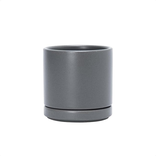 D'vine Dev 3.5 Inch Ceramic Planter Pot with Drainage Hole and Saucer, Indoor Cylinder Round Planter Pot, Speckled Grey, 94-O-A-3
