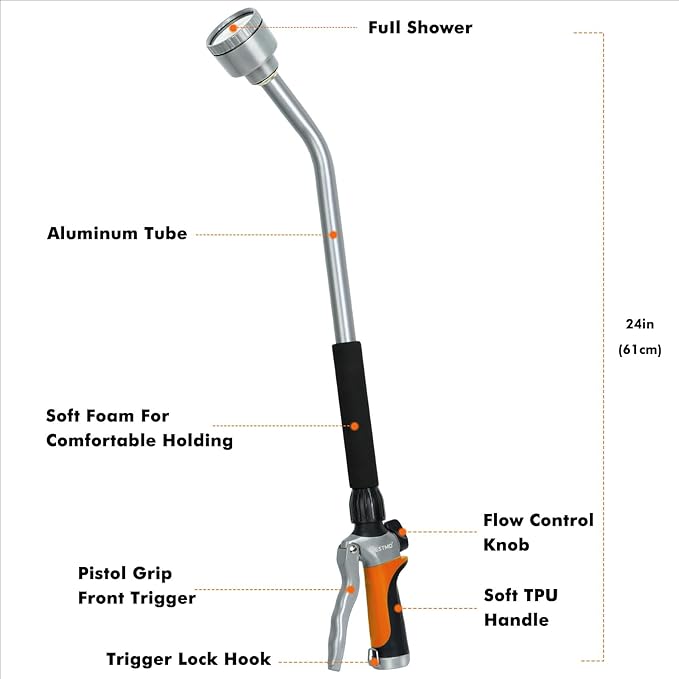 RESTMO Long Watering Wand, 24 Inches Gentle Soft Full Shower Sprayer Wand with Flow Control, Heavy Duty Metal Hose Wand for Hanging Baskets, Shrubs, Plants, Flowers, Garden and Lawn, Orange